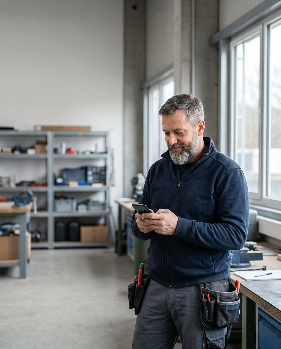 Auf dem Bild ist ein Elektriker in Arbeitskleidung zu sehen. Er steht in einer modernen Werkstatt und schaut ruhig auf sein Smartphone, als würde er verschiedene Stellenangebote prüfen.
Der Hintergrund ist dezent und le